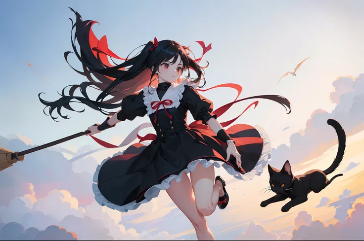 1 girl , ((flying through the sky with a broom)),red ribbon,simple black dress, from below, full body, ((floating a black cat)),((masterpiece)), ((best quality)), ((ultra-detailed)), (illustration), ((an extremely delicate and beautiful))