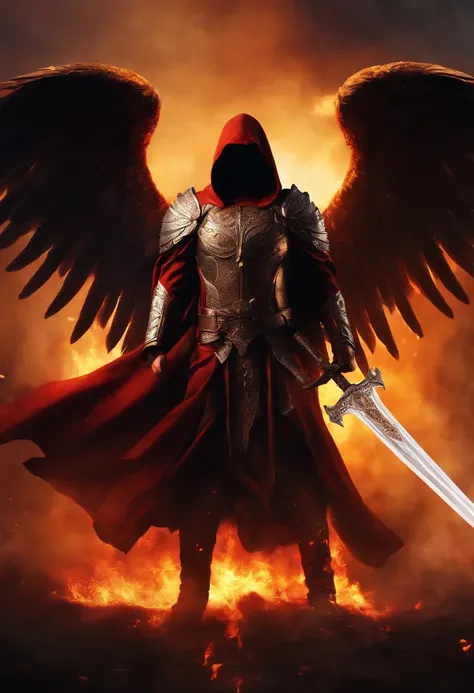 Realistic,  Angel with big wings, The sword, Wearing flames,Hood on head in war background image (the chaos), full body, flare behind,