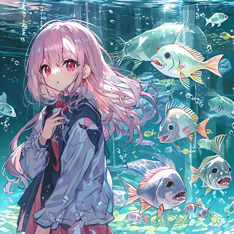 absurderes, hight resolution, (Anime style:1.1), ((masutepiece)), ((Best Quality)), (Ultra-detailed), (Beautiful), 独奏, Beautiful face、(liftup),(Giant aquarium in an aquarium、Cute girl looking at:1.4),Wind,Pink hair, Fine red eyes,Ephemeral,Looking at Viewe...