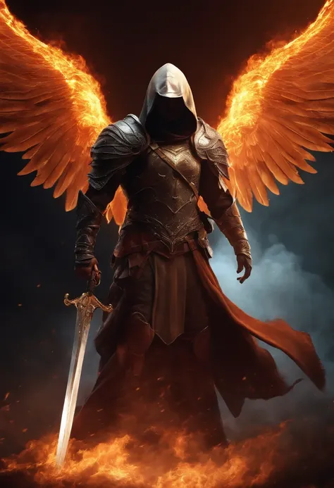 Realistic,  Angel with big wings, The sword, Wearing flames,Hood on head in war background image (the chaos), full body, flare behind,