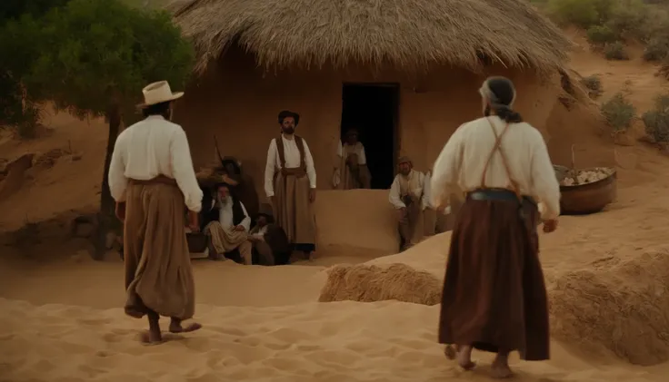 a scene in the wilderness with members of the Jewish people at the time of Christ. Na cena, algumas casas de pedra, typical of that era, se erguem entre as dunas de areia. People are wearing traditional clothes of the time, and it is possible to see everyd...