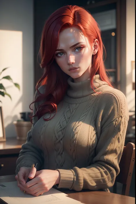 RAW photo of Muirgheal MacCarrick with sweater, red hair, Photorealistic, Hyperrealistic, Hyperdetailed, low cut, detailed skin, soft lighting, subsurface scattering, realistic, heavy shadow, masterpiece, best quality, ultra realistic, 8k, golden ratio, In...