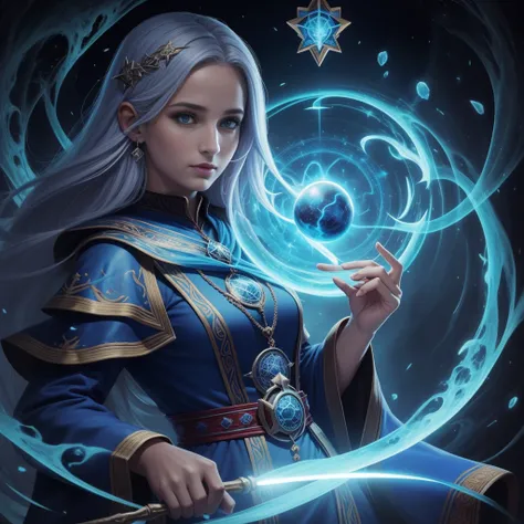 uma mulher com uma capa azul segurando uma bola brilhante, mago feminino, Retrato de um mago feminino, Female mage conjuring a spell, mago feminino!, Epic Character Wizard Girl, Arte do Jogo de Cartas de Fantasia, mago, Graphic artist Magali Villeneuve, Re...