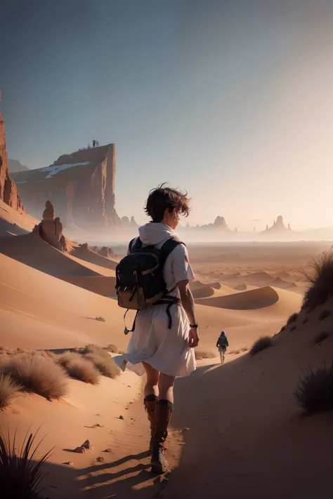 Scene description:
In a vast and desolate expanse of desert, Um jovem fica sozinho, vestido com roupas esfarrapadas e carregando uma pequena bolsa. His face is young and determined, como se estivesse pronto para enfrentar qualquer desafio que surgir em seu...