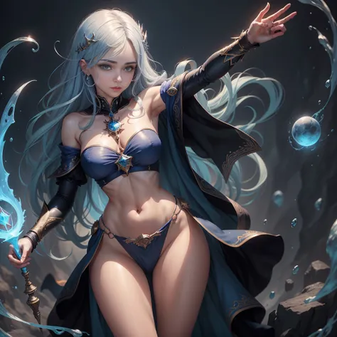 uma mulher com uma capa azul segurando uma bola brilhante, mago feminino, Retrato de um mago feminino, Female mage conjuring a spell, mago feminino!, Epic Character Wizard Girl, Arte do Jogo de Cartas de Fantasia, mago, Graphic artist Magali Villeneuve, Re...