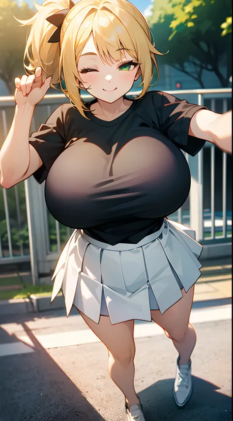 1 girl, game CG, plain black tee shirt, white short skirt, gigantic breasts, blonde, middle hair, side ponytail, green eyes, POV, smile, one eye closed, mouth open, full body, outdoor,