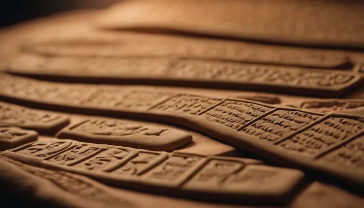 A set of Sumerian clay tablets with cuneiform writing. The tablets are arranged on a flat surface and illuminated to highlight the inscriptions. Each tablet has unique and intricate details in its cuneiform writing. Explore the characteristics of the table...