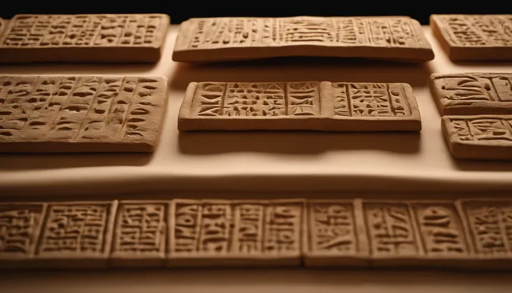 A set of Sumerian clay tablets with cuneiform writing. The tablets are arranged on a flat surface and illuminated to highlight the inscriptions. Each tablet has unique and intricate details in its cuneiform writing. Explore the characteristics of the table...