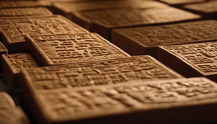 A set of Sumerian clay tablets with cuneiform writing. The tablets are arranged on a flat surface and illuminated to highlight the inscriptions. Each tablet has unique and intricate details in its cuneiform writing. Explore the characteristics of the table...