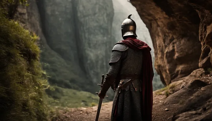 Knight raising his sword entering a cave