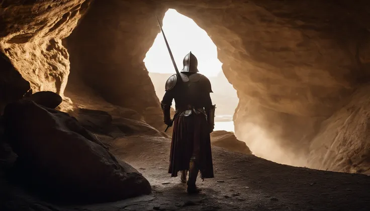 Knight raising his sword entering a cave