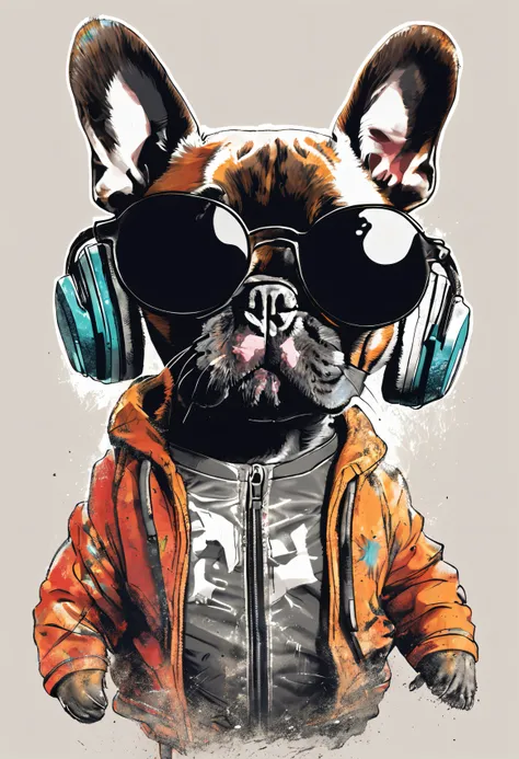 Perfect centering, A cute little french bull dog, Wear a student team jacket, Wearing sunglasses, Wearing headphones, cheerfulness, Standing position, Abstract beauty, Centered, Looking at the camera, Facing the camera, nearing perfection, Dynamic, Highly ...