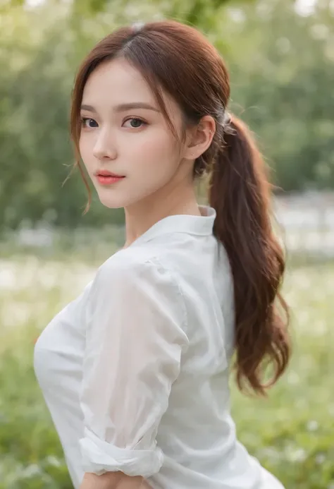 1 very beautiful female high school student，Wear a white button-down shirt and low-rise jeans（detailed outfits:1.5），Play with the ball on the grass of the football field，（On the grass:1.02），Super high value，perfect body figure，Beautiful short ponytail，Deli...