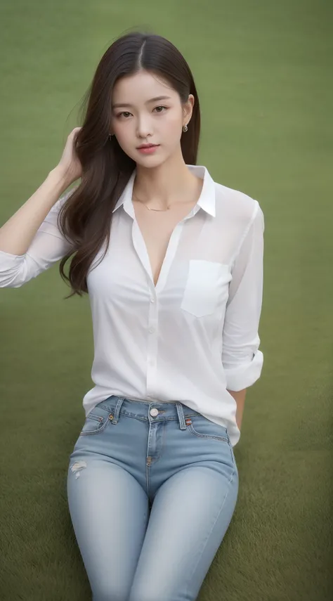 1 very beautiful female high school student，Wear a white button-down shirt and low-rise jeans（detailed outfits:1.5），Play with the ball on the grass of the football field，（On the grass:1.02），Super high value，perfect body figure，Beautiful short ponytail，Deli...