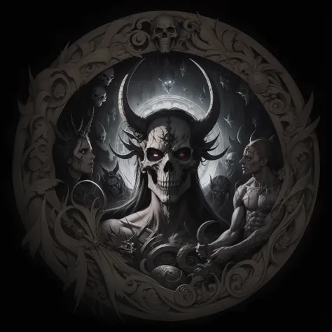 Image of a demon with a demon face in a circle, arte escura altamente detalhada, Retrato de daemons, arte detalhada da capa, an ominous fantasy illustration, adorned with demon skulls, arte de terror 4k detalhada, Marcos Riddick, dark fantasy illustration,...