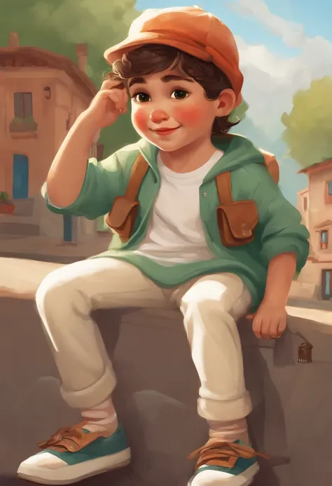 un nino, blanco, remera blanca, pantalon jeans, cansado,  extenuado, vomitando liquido verde y mucha sangre, en el medio de la calle, Cute childrens book illustration style, colorido, sencillo, Pescador, Disney, Pixar, GHIBLI