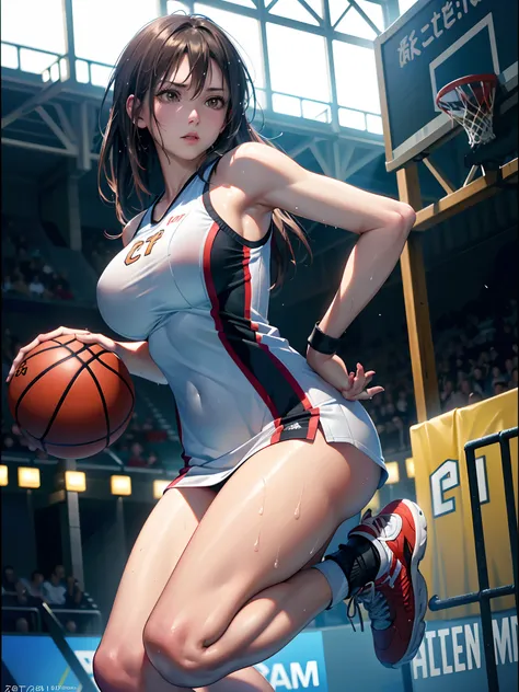 (8K, Raw photo, Best Quality, masutepiece:1.2), (Realistic, Photorealsitic:1.37),1 girl,Beautiful,Powerful, (Solo),A detailed face, Dramatic Angle,
Shoot the ball,Basketball Uniform ,Sports, Look away,Sporty,Wet skin,Sweat,Large breasts,nice legs,basketbal...