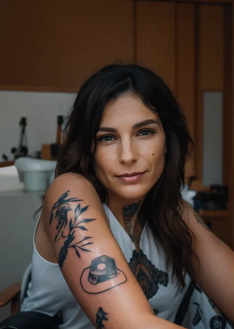 Woman with a tattoo on her arm sitting on a chair, POV completo, chilled out smirk on face, Ela tem um rosto bonito, ela tem um rosto expressivo bonito, sexy look at the camera, shes facing the camera, com tatuagens, Tattooed forearm, Foto retrato suave 8 ...