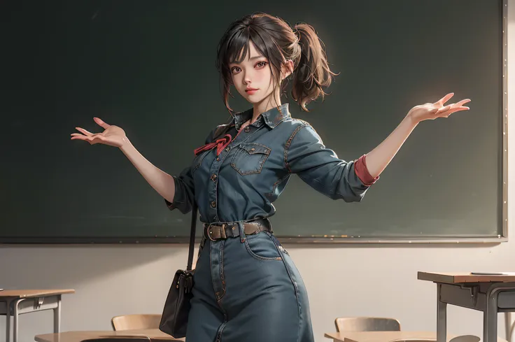 （（best qualtiy））， （（tmasterpiece））， （A detailed：1.4），wide angles，in a panoramic view，Well-lit classrooms，Enhanced dynamic perspective，beuaty girl，pony tails，夏天，Denim long skirt，Stand on the podium，There is a chalkboard on the back，‎Classroom，Professional D...