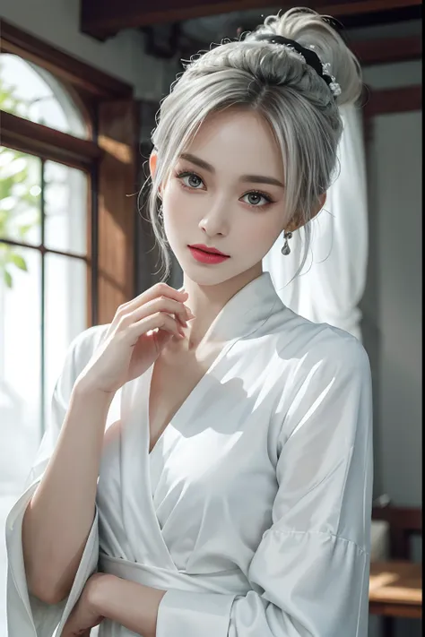 (Top Quality, Masterpiece: 1.2), Ultra High Resolution, Realistic, Front Lighting, Intricate Details, Exquisite Details and Textures, 1girl, Solo, (Youth), Face Highlights, Upper Body, Detailed Face, White Skin, Silver Hair, Ponytail, Braid Hair, Watch Vie...