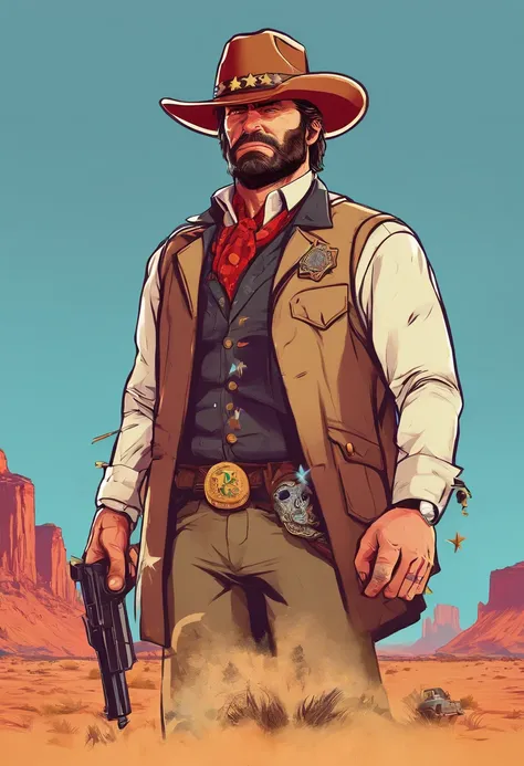 Red Dead Redemption 2 illustration style，Sheriff Curtis Malloy，Wear a Nevada hat,Khaki coat，Blue vest and white shirt,sheriff badge, masterpiece, artwork, key art