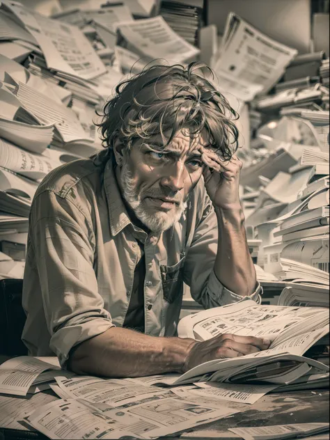 to a person standing in an office room, with a pile of disorganized papers scattered around it. The person has messy and messy hair, com alguns fios caindo sobre o rosto. His shoulders are hunched and tense, and there are wrinkles of worry and stress on yo...