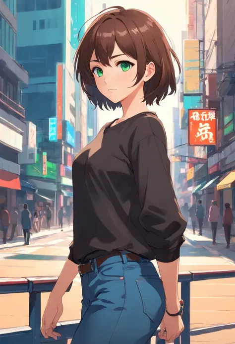 anime character of a woman with a black shirt longsleeve and blue jeans, short brown hair, neck length, green eyes, a digital painting inspired by Tomer Hanuka, trending on pixiv, serial art, heavy gesture style closeup, full body details, wearing casual c...