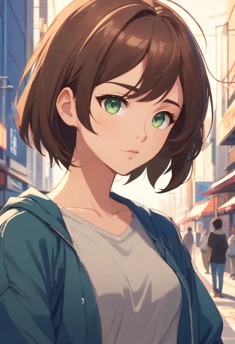 anime character of a woman with a black shirt longsleeve and blue jeans, short brown hair, neck length, green eyes, a digital painting inspired by Tomer Hanuka, trending on pixiv, serial art, heavy gesture style closeup, full body details, wearing casual c...