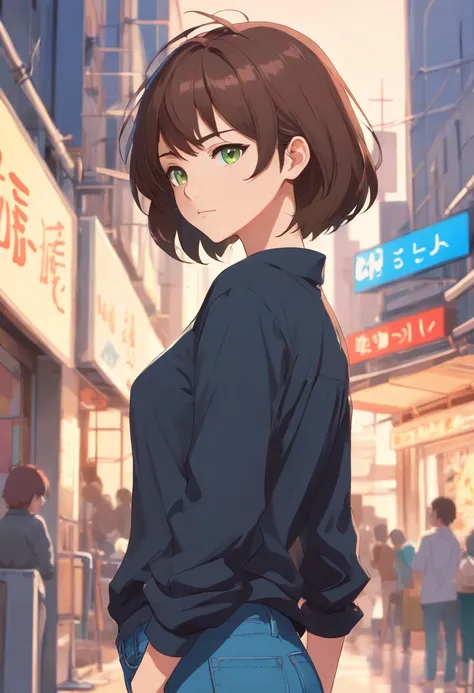 anime character of a woman with a black shirt longsleeve and blue jeans, short brown hair, neck length, green eyes, a digital painting inspired by Tomer Hanuka, trending on pixiv, serial art, heavy gesture style closeup, full body details, wearing casual c...