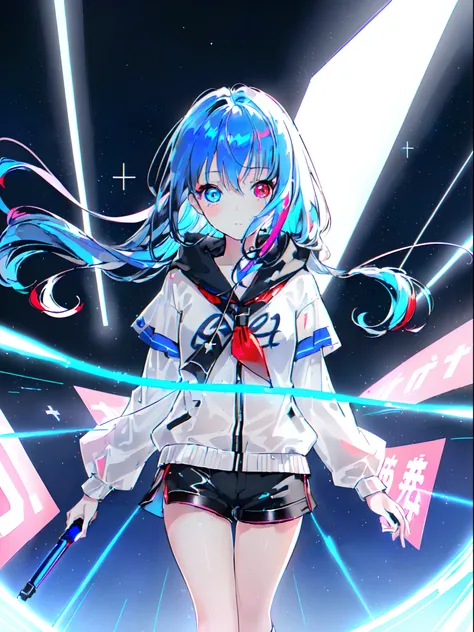 ((masutepiece)), ((Best Quality)), ((Delicate Light)), ((delicate illustration)), (One girl, About 10 years old, Blue hair, Long hair, Futuristic clothes, black parker, Black shorts:1.2), (Heterochromic, Blue Eye, Red Eye:1.4), (Wide open eyes, Mouth that ...