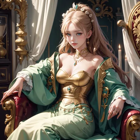 (Rococo style:1.1), (Art deco:1.1), masutepiece, Super Detail, High quality, awardwinning, 8K, Noble lady, Elegant dress, at the palace, Healing, recovery