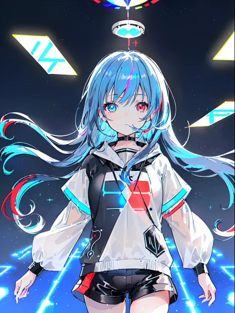 ((masutepiece)), ((Best Quality)), ((Delicate Light)), ((delicate illustration)), (One girl, About 10 years old, Blue hair, Long hair, Futuristic clothes, black parker, Black shorts:1.2), (Heterochromic, Blue Eye, Red Eye:1.4), (Wide open eyes, Mouth that ...