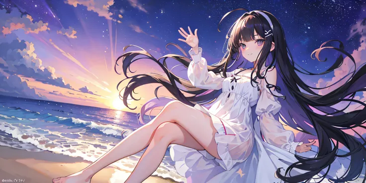 masterpiece, best quality, in summer, night, stars, sea, on the ocean, beautiful purple sunset at beach , girl, solo, long hair, black hair, ahoge, bangs, blunt bangs, long bangs,three hairclip,one pink hairband, smug, brown eyes, summer_dress, whitedress,...