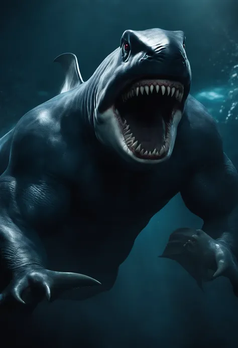 It creates a compelling image of King Shark, the DC Comics character, in an intimidating and powerful pose. Be sure to capture his unique appearance as a humanoid shark with imposing musculature and sharp teeth. He uses dark colors and blue tones to reflec...