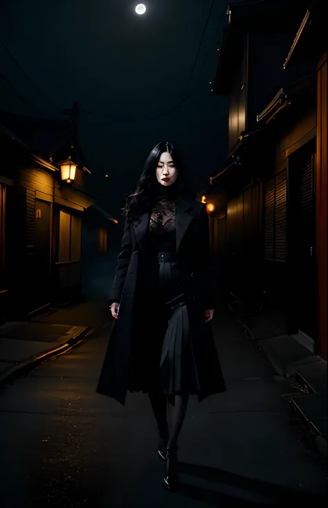 Horror theme element,dark, shadows, realistic high quality masterpiece, (beautiful) Japanese female, age 27,wavy long black hair, walking down dark moonlit alley,moon in sky in background, moonlit,with fog and shadows, spooky,nightime,cinematic lighting,dr...