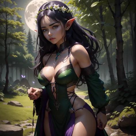 1girl, cowboy shot of beautiful elf druid, athletic, colored skin, purple skin, white eyes, black hair, green dress, flower crown, dark fantasy, dark atmosphere, forest, ((night)), moon, glowing butterflies, volumetric lighting, best quality, masterpiece, ...