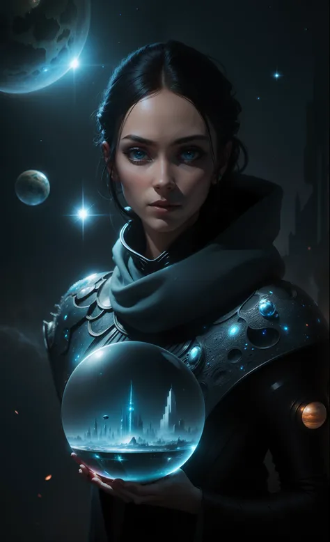 A beautiful alien space woman holds a crystal ball in her hand, inside is an alien world filled with futuristic buildings of spires of glass, photo realistic imagery, hyperdetailed, stars nebula and planet background 8k resolution.