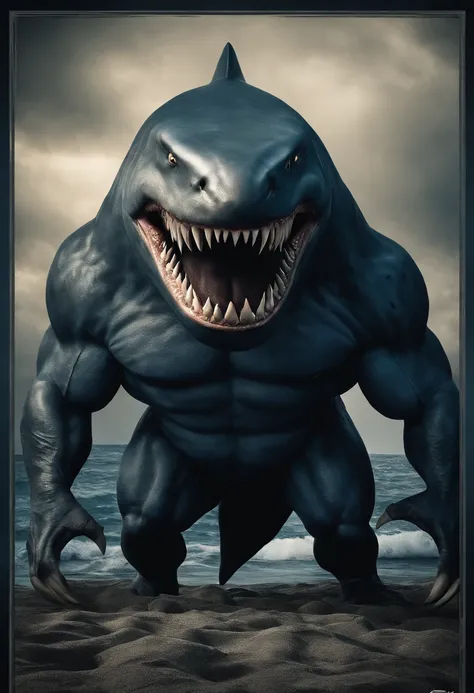 It creates a compelling image of King Shark, the DC Comics character, in an intimidating and powerful pose. Be sure to capture his unique appearance as a humanoid shark with imposing musculature and sharp teeth. He uses dark colors and blue tones to reflec...