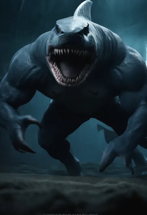 It creates a compelling image of King Shark, the DC Comics character, in an intimidating and powerful pose. Be sure to capture his unique appearance as a humanoid shark with imposing musculature and sharp teeth. He uses dark colors and blue tones to reflec...