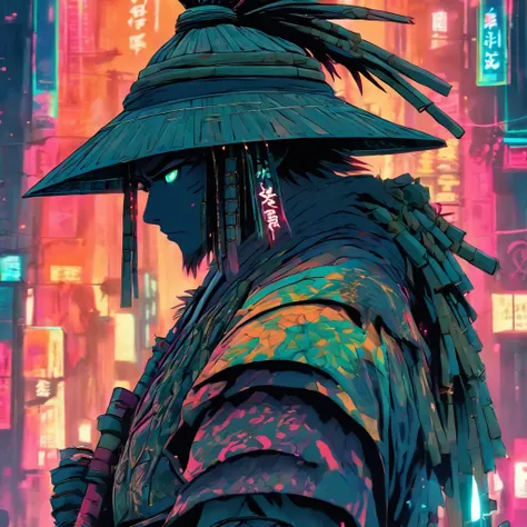 A cyberpunk samurai wearing a bamboo hat, Two swords in the waist clothing of a technological samurai, olhos penetrantes , rage , obra prima, 8k