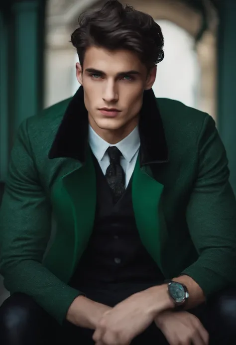 Young European man, with dark hair, undercut hair, grey eyes, handsome, pale, tall,  wearing Slytherin outfit