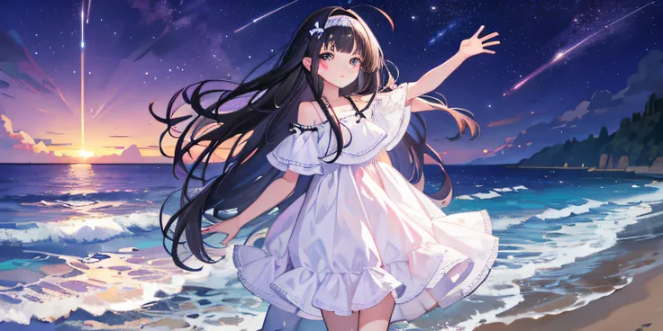 Masterpiece, Best quality, in summer, Night, stars, Sea, On the ocean, beautiful purple sunset at beach , Girl, Solo, Long hair, Black hair, ahoge, bangs, Blunt bangs, Long bangs,Three hairpins,A pink headband, Smug, Brown eyes, Summer_dress, white dresses...