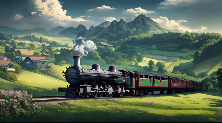 there is a train that is going down the tracks in the field, anime countryside landscape, made of tree and fantasy valley, scene...