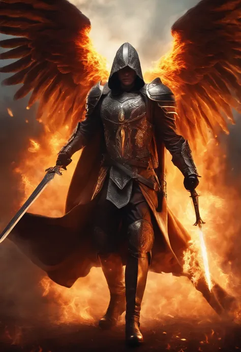 Realistic,  Angel with big wings, The sword, Wearing flames,Hood on head in war background image (the chaos), full body, flare behind, close up, 200mm lens, f/1.0