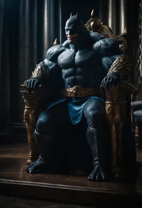 It creates a compelling image of King Shark, the DC Comics character, in an intimidating and powerful pose, seated in a throne as a big king. Be sure to capture his unique appearance as a humanoid shark with imposing musculature and sharp teeth. He uses da...