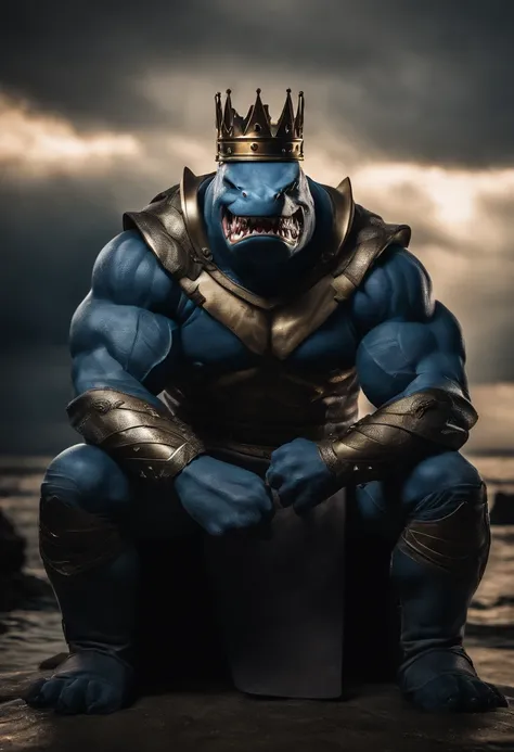 It creates a compelling image of King Shark, the DC Comics character, in an intimidating and powerful pose, seated in a throne as a big king. Be sure to capture his unique appearance as a humanoid shark with imposing musculature and sharp teeth. He uses da...