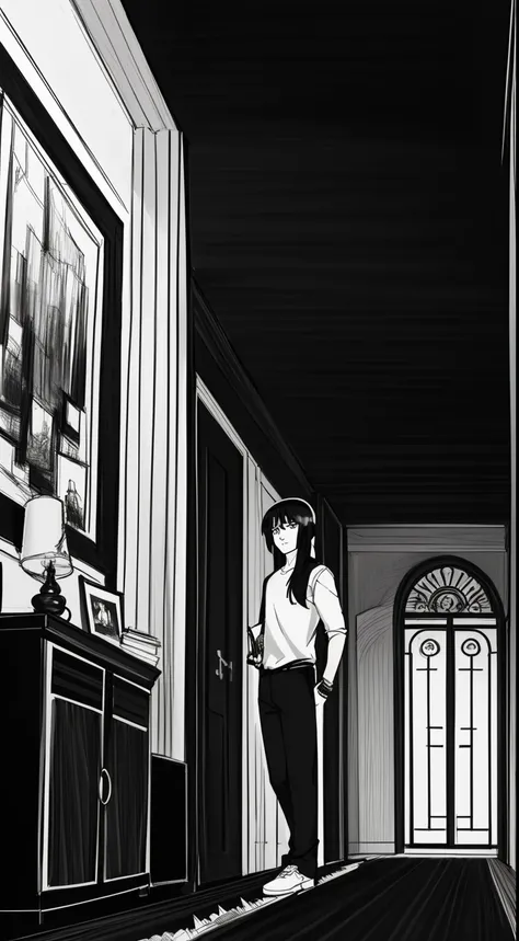 ((ink style, pencil drawing, sketch, black and white)) young boy with a long mullet haircut, big lips, and slanted eyes Living Room (Wide shot): In the softly lit living room, the protagonist stands near the entrance, their gaze fixated on the familiar sur...