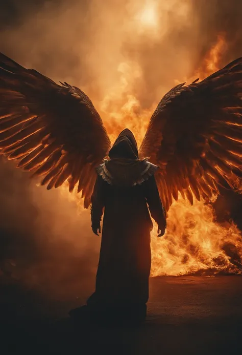 Realistic,  Angel with big wings, Wearing flames,Hood on head in war background image (the chaos), full body, flare behind, close up, 200mm lens, f/1.0, head shot