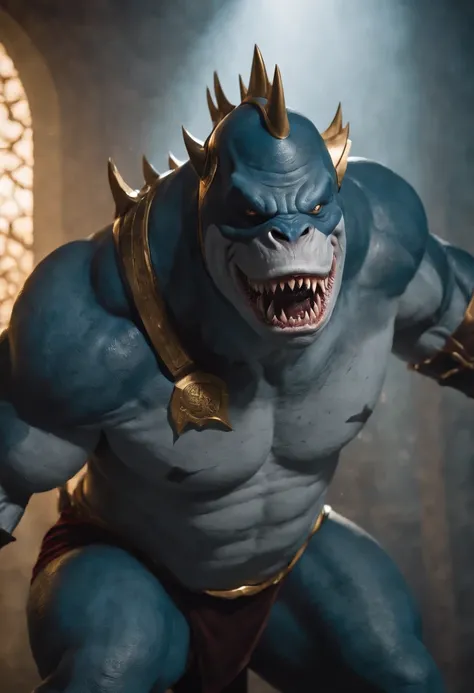 It creates a compelling image of King Shark, the DC Comics character, in an intimidating and powerful pose, seated in a throne as a big king. Be sure to capture his unique appearance as a humanoid shark with imposing musculature and sharp teeth. He uses da...