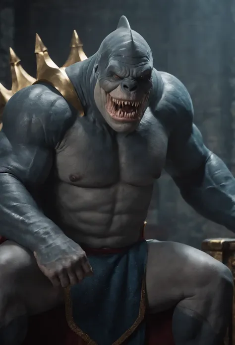 It creates a compelling image of King Shark, the DC Comics character, in an intimidating and powerful pose, seated in a throne as a big king. Be sure to capture his unique appearance as a humanoid shark with imposing musculature and sharp teeth. He uses da...